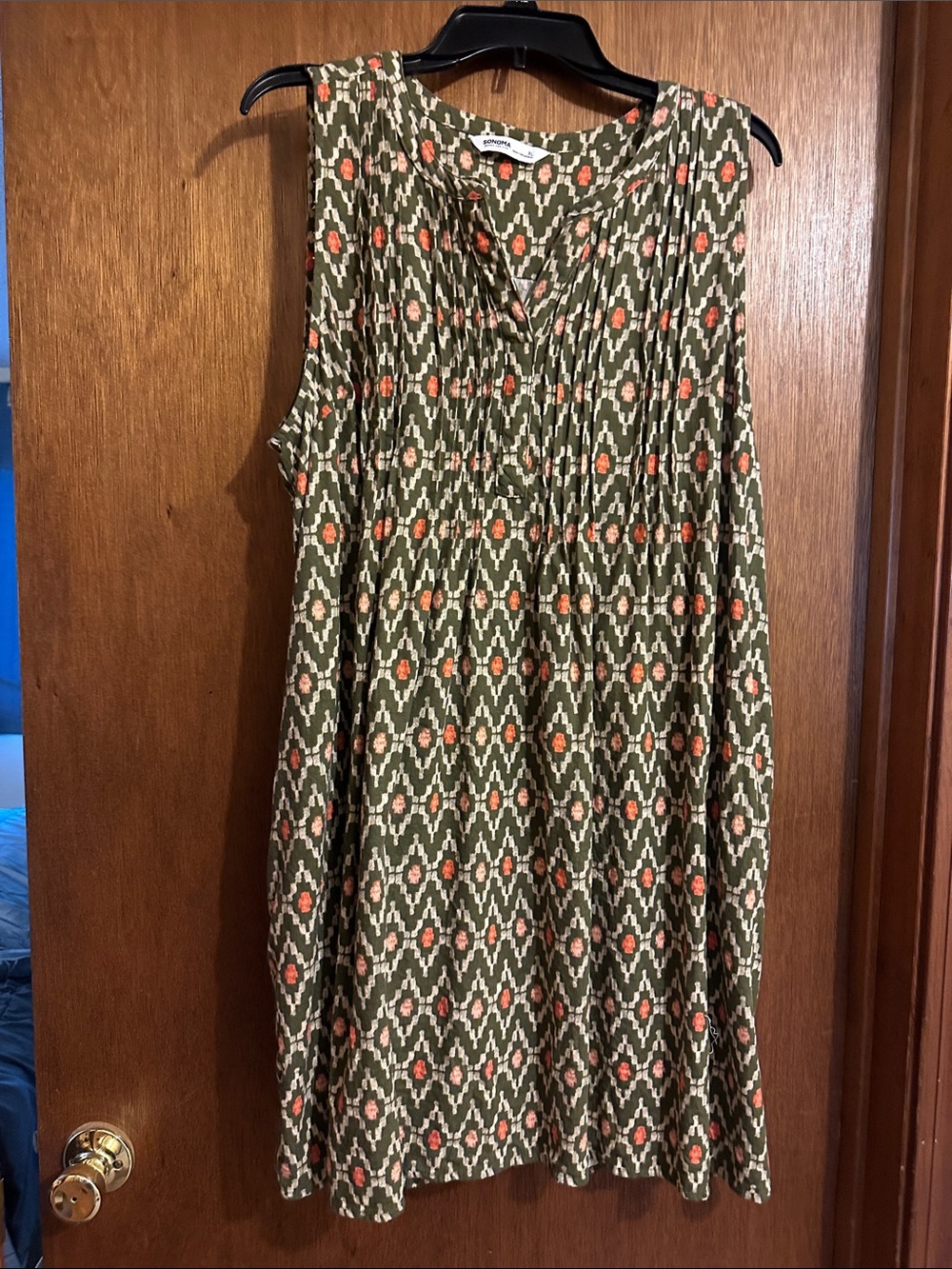 Olive Ikat A-Line Skirt with Coral Accents